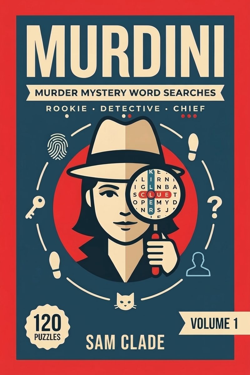 The cover of MURDINI Volume One: a woman in a red coat and hat raising a magnifying glass over a word search grid, in a retro poster style